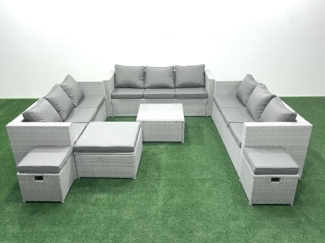 Fimous Gartenmöbel im Freien Polyrattan 12-Sitzer Rattan Garten Sofa Set mit 3 Hockern Hellgrau gemischt