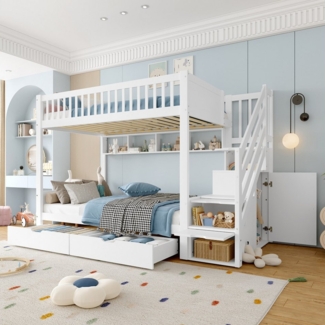 Flieks Etagenbett, Kinderbett 90x200cm mit 2 Schubladen Stauraumtreppe mit Kleiderschrank