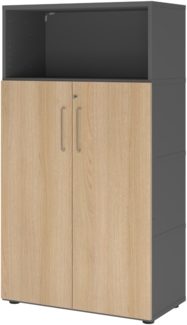 bümö flexi Aktenschrank abschließbar mit Flügeltüren & 1 Regalfach in Graphit/Eiche, Büroschrank mit werkzeuglosem Schnellmontage-Klicksysten in modularer Bauweise, FW48T3KG-G-E-BS