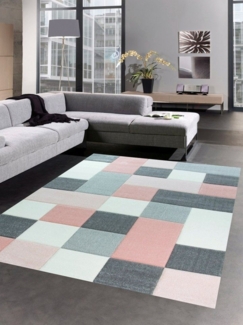 Carpetia Teppich Moderner Teppich Wohnzimmerteppich Kurzflor Karo rosa creme grau, rechteckig, Höhe: 13 mm