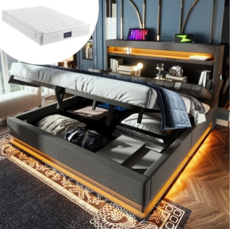 HAUSS SPOLE Polsterbett 140x200 mit USB- und Typ-C-Anschlüssen, LED-Beleuchtung Grau, Leinen (Struraumbett, Funktionsbett, 140x200 cm, mit Matratze (H25cm), Grau), mit USB- und Typ-C-Anschlüssen, LED-Beleuchtung