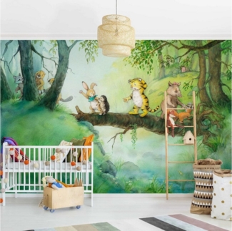 Bilderdepot24 Kindertapete Kinderzimmer Kleiner Tiger Baumbrücke Kinder Wanddeko Wald Tiere, Glatt, Matt, (Vliestapete inkl. Kleister oder selbstklebend), Mädchenzimmer Jungenzimmer Babyzimmer Bildtapete Fototapete Wandtapete