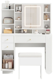 MC Star Schminktisch Beleuchteter Schminktisch mit Spiegel & Hocker – Moderner Frisiertisch (Einstellbarer Helligkeit, Schubladen & Offener Ablage, Weiß, 100×40×138 cm)