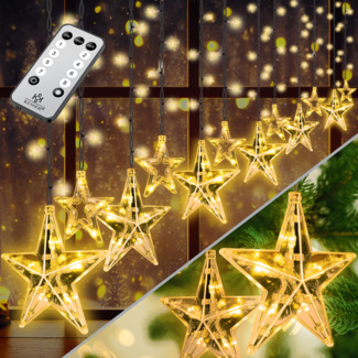 KESSER® Lichtervorhang 12 Sterne LED Lichterkette - mit Fernbedienung - 8 Leuchteffekte - Timer - Dimmfunktion - In- & Outdoor Regenkette Sternenvorhang Lichtervorhang - IP44 wasserdicht Warmweiß