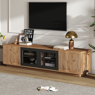 TV-Schrank 180 x 40 x 45 cm, Naturholzoptik mit Glas-Türen & LED-Beleuchtung