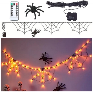 QUBEBU LED-Lichternetz Halloween Dekorationen Lichter, Spinnennetz Lichterkette, 8 Lichtmodi, Batteriebetrieben, Lila, Orange, 1.8M Durchmesser Lichter, Wasserdicht