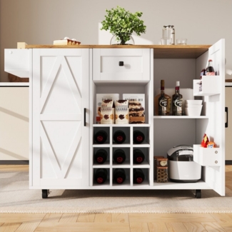 TavilaEcon Küchenwagen Moderne Kücheninsel mit Holzmaserung, Multifunktions-Buffet & Esstisch, ausgefahren: 118 x 40 x 95.6 cm, zusammengeklappt: 110 x 65 x 95.6 cm, Weiß