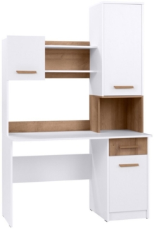 Marmex Möbel Grant 11/12N Schreibtisch mit Verlängerung, Schreibtisch mit Schublade und Stauraum, Studiertisch, für Kinder, Jugendschreibtisch, laminierte Spanplatte, weiß+riviera Eiche, 125x195x52,5 cm