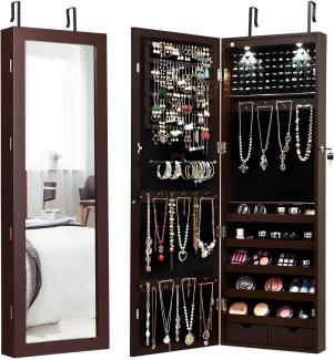COSTWAY LED Schmuckschrank mit Ganzkörperspiegel Schmuckregal Tür- und Wandmontage hängender Schmuck Braun