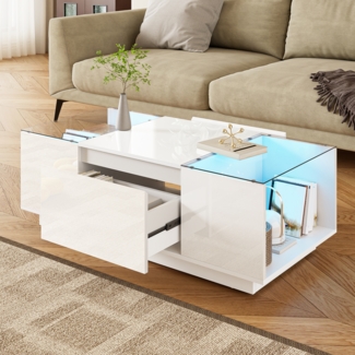 Merax 105 cm Couchtisch mit Stauraum, LED-Stimmungsbeleuchtung, Glasplatte und 2 Schubladen, Weiß