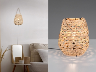 Große LED Tischleuchte mit Lampenschirm aus Wasserhyazinthe, Höhe 55cm