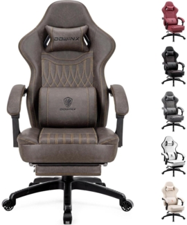 Gaming Stuhl mit Massage Lendenwirbelstütze, Fußstütze Braun PU Leder