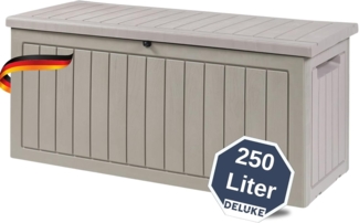 DELUKE® Auflagenbox wasserdicht MARA - 250L Holzoptik Aufbewahrungsbox Garten Gartenbox Kissenbox Outdoor Gartentruhe viel Platz für Sitzauflagen Gartengeräte oder Kinderspielzeug |Beige