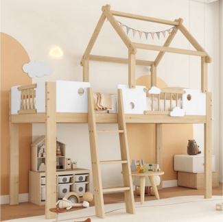 Merax Hochbett (1-St) Kiefer Kinderbett 90x200cm mit 3-stufiger Schrägleiter, Dach & Zaun