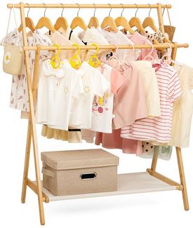 Yorbay Kleiderständer für Kinder aus Bambus Kinder Kleiderregal Doppelstangen, mit unterem Oxford-Gewebe-Regal