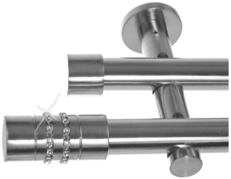 BASIT Gardinenstange Edelstahloptik 20mm mit Wandträgern 120 cm E80, Ø 20 mm, 2-läufig, verschraubt, Metall, H41 120 cm E80 Zylinder mit Kristall