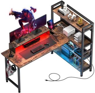 GTPLAYER Computertisch Gamingtisch Gaming Tisch Schreibtisch mit 4 Ablagen Netzsteckdose, 55 Zoll Schreibtisch mit Monitorständer und eingebaute LED-Lichter