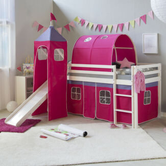 Hochbett Spielbett Kinderbett Rutsche Turm Vorhang rot 90x200