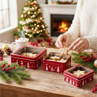 Macosa Home Keksdose Gebäckdosen 3er Set Metall Rot Grau Tanne, (Plätzchenaufbewahrung, Plätzchen Vorratsdose Weihnachten Blechdose), stapelbare Plätzchendose Aufbewahrungsdose