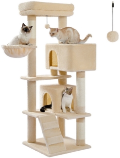 PETEPELA Kratzbaum 143cm Kratzbaum mit abnehmbarem Kissen, Kratzpfosten, Doppel-Katzenhaus – Extra groß für schwere Katzen
