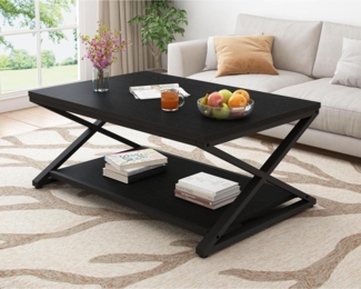 Couchtisch Klein Schwarz Holz Metall Stauraum Beistelltisch 100x60x45cm