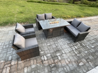 Fimous Polyrattan Gartenmöbel Set 6-Sitzer Gas Feuerstelle Esstisch Heater Set mit Doppelsitz-Sofa Dunkelgrau Gemischt
