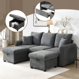 Merax Multifunktionale Ecksofa U-Form-Dreisitzer Polster-Sofa mit Staufunktion – Inklusive Schubladen + Hocker mit Staufach, modular zerlegbares Sofa-Set mit Schlaffunktion, Cord-Stoff, Grau