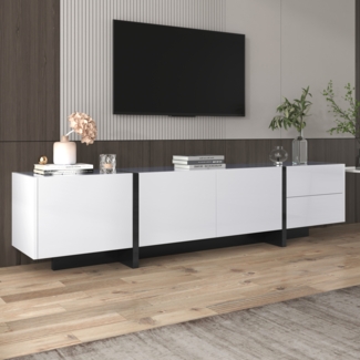 TV-Schrank, lowboard Panel mit farbblockierten Beinen in Hochglanz-Wei? und Schwarz, mit Tren und Schubladen, Tren mit Regalen. Einfaches Liniendesign.