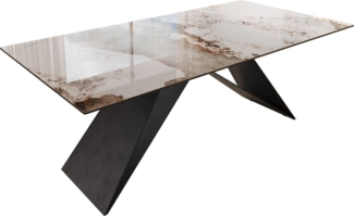 Esstisch Edge 200x100 Keramik Minas Melange Weiß-Beige V-Gestell Flachstahl Schwarz