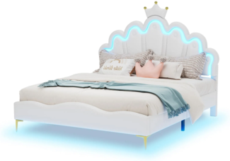 Prinzessinbett mit LED-Beleuchtung, 140x200 cm, höhenverstellbarer Kopfteil, Mädchenbett, Polsterbett für Mädchen, Doppelbett, Kunstleder