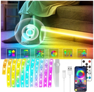 MUPOO LED-Streifen RGB LED Lichtleiste mit Bewegungsmelder und App-Steuerung, 2M/5M/10M Dimmbar LED Stripe, Musik-Sync, USB Plug & Play