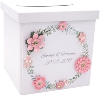 ZauberDeko Geschenkbox Briefbox Kartenbox MIT NAMEN Hochzeit Vintage Blüten Blumen Rosa Weiß
