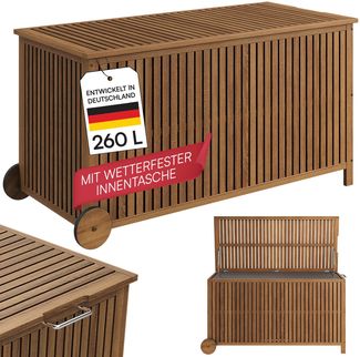 STEELSØN 'Alkes' Aufbewahrungsbox 260 Liter mit Rad, Gartenbox aus massivem Akazienholz, wetterfest, Auflagenbox mit hochwertiger Innentasche