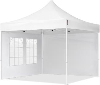 3x3 m Faltpavillon, ECONOMY Stahl 30mm, Seitenteile mit Sprossenfenstern, weiß