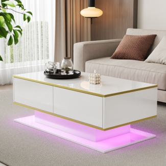 Moderner LED-Couchtisch mit Hochglanzoberfl?che, Goldverzierung, drei Schubladen und einem offenen Fach mit farbwechselndem LED-Lichtstreifen