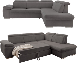 ECKSOFA mit Schlaffunktion, Bettkasten, Kopfstützen verstellbar, Wellenunterfederung, Ottomane rechts 283/228/102 cm, Cord Grau Anthrazit