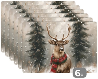 MuchoWow Platzset Winter - Wald - Rentier - Dunkelheit, (6-St), Platzsets, Tischset, Abwaschbar, Tischsets, Platzdeckchen