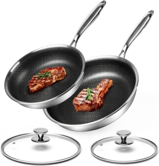 24/28cm Bratpfannen-Set Edelstahl Antihaft Deckel Induktion & Backofenfest