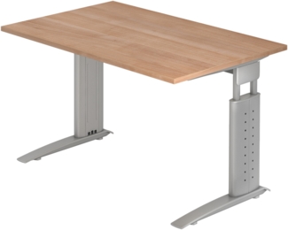 bümö höhenverstellbarer Schreibtisch U-Serie 120x80 Nussbaum, Gestell in Silber - PC Tisch klein für's Büro manuell höhenverstellbar, Computertisch verstellbar, US-12-N-S
