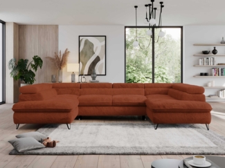 Ecksofa mit Schlaffunktion und verstellbaren Kopfstützen, große U-förmige Ecke - PEDRO U - Orange Plüsch - Topper T25