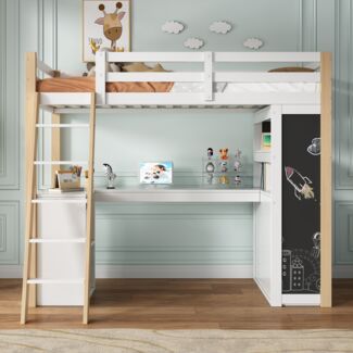 Multifunktionales Kinderhochbett mit Schreibtisch, Tafelfläche, Regalen und Leiter, 204 x 95 x 170 cm, Natur+Weiß, ohne Matratze