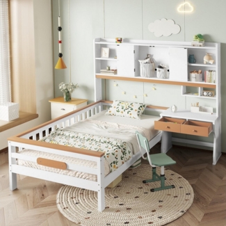 Flieks Kinderbett, L-Form Massivholzbett 90x200cm mit Stauraumkopfteil und Schreibtisch