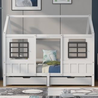 Hausbett 207×97×174 cm – Einzel-/Tagesbett mit 2 Schubladen und Doppelfenster, Massivholz (Kiefer+MDF), Weiß, stabile Konstruktion