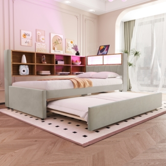 Schlafsofa, Ausziehbett 90*190, ausgestattet mit LED Leuchten, Steckdosen und vielen Ablagefächern, Polsterbett, Multifunktionsschlafsofa, Einzelbett, Flanell, Hellgrau, 90 x 200