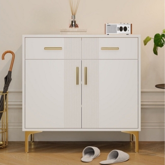 Flieks Kommode mit 2 Schubladen und 2 Türen Weiß (B80/T35/H79,5 cm, 1 St, für Wohnzimmer, Flur, Schlafzimmer und Esszimmer), Sideboard Mehrzweckschrank mit verstellbare Einlegeböden Holzschrank