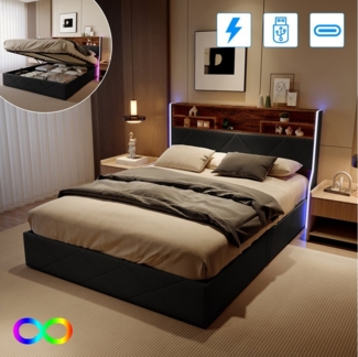 Gdood Polsterbett Stauraumbett Doppelbett LED USB (1 tlg, Hydraulisch hebbarem Stauraum), Mit LED-Licht, Nachttisch, Ladefunktion, Lattenrost, PU, 140x200 cm