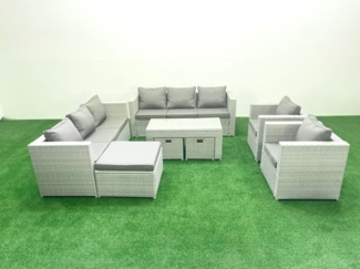Fimous Gartenmöbelset Polyrattan mit 2 Sesseln Rechteckiger Couchtisch 3 Hockern Hellgrau gemischt