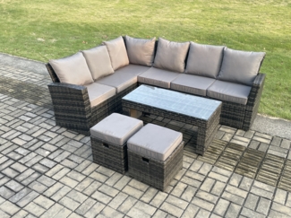 Fimous 8 Seat Outdoor Gartenmöbel-Set Ecksofa Set Terrassen Sofa Tisch Set mit 2 kleine Fußhockern Dunkelgrau gemischt