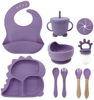 Kindergeschirr-Set mit Dinosaurier-Motiv, Schüssel aus lebensmittelechtem Silikon, Babygeschirr für die Beikostvorbereitung, mit Fächern - dunkelrosa.