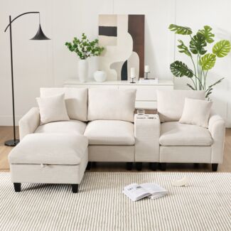 L-Form Ecksofa, mit Mittelkonsole, USB-Ladung und Stauraum, Cord, 229x149,5x83 cm, Beige